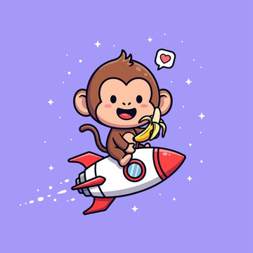 A cartoon monkey riding a rocket.