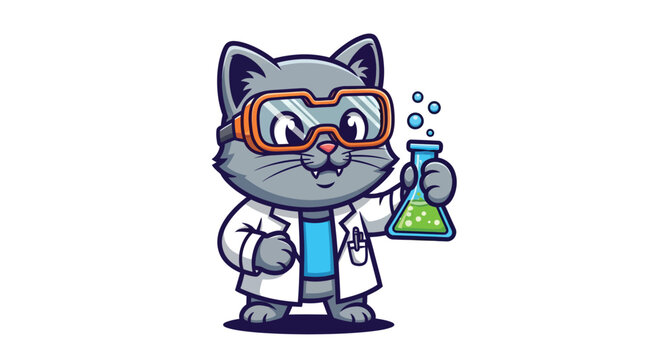 A cartoon cat wearing goggles and a lab coat holds a beaker of green liquid.