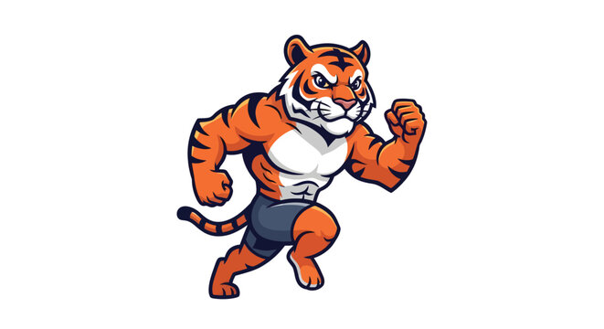 A cartoon tiger in athletic pose with muscular build and determined expression