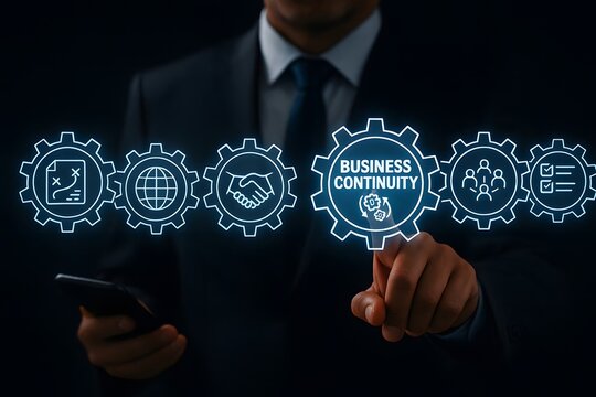 Businessman in a suit interacting with a digital interface for business continuity planning
