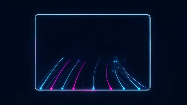Glowing neon abstract line frame in dark background with blue and magenta light trails, curved lines, glowing light streaks, modern digital design, searchable SEO title