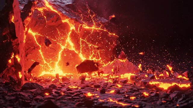 Glowing rock surface with molten lava and fiery sparks emitting warmth
