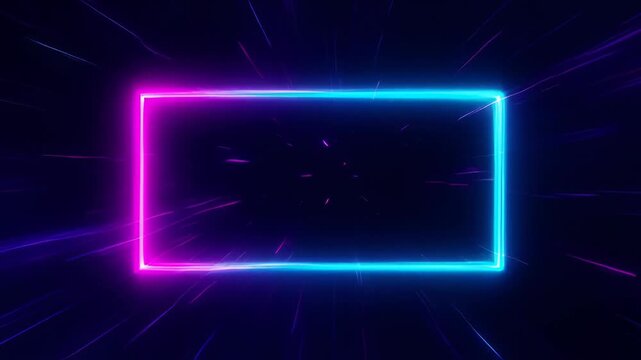 Neon rectangular frame on dark background with glowing magenta and cyan light streaks, futuristic abstract border, minimal modern design, copy space for text