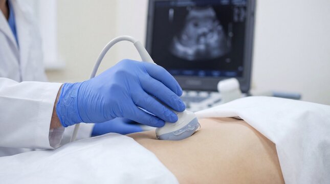 Medical professional in white coat using ultrasound device on pregnant woman's abdomen during examination in a clinical setting with monitor displaying ultrasound image
