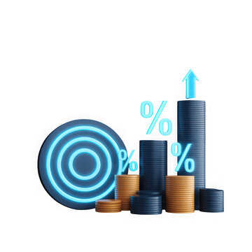 A 3D illustration of a growing business graph with percentage signs and coins on a transparent background