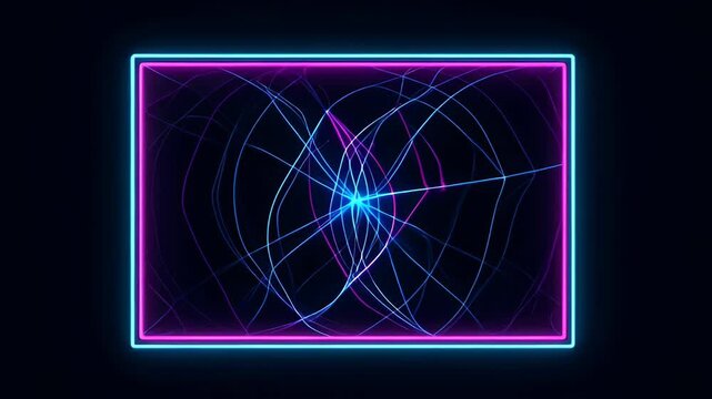 Neon light frame with abstract blue and magenta line art dark background, neon frame with abstract line and circle design dark background glowing pink blue border, abstract neon frame glowing