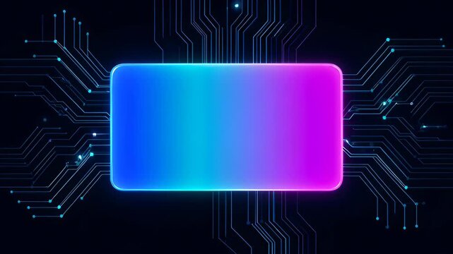 Digital panel circuit board neon glow technology background abstract banner with glowing gradient rectangle, futuristic electronic trace interface, blue magenta pink neon rectangle frame design