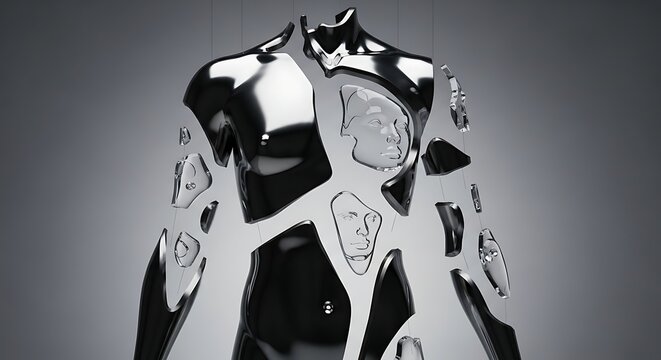 Futuristic Black Metallic Robot with Human Face Faces in Fragmented Pieces in Modern Studio