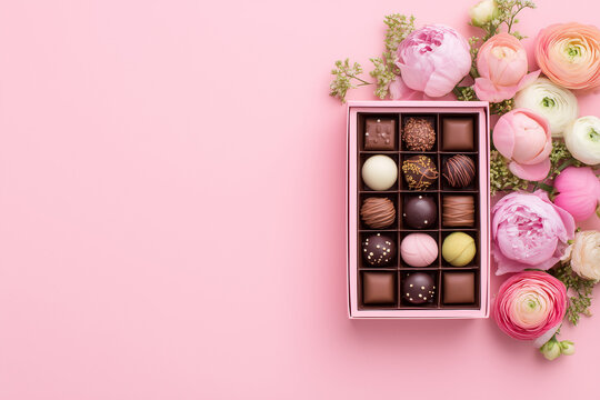 open box of luxury chocolate pralines styled as a Mother&rsquo;s Day gift, surrounded by a delicate bouquet of pink ranunculus and peonies on a soft pink background.banner web flyer blog