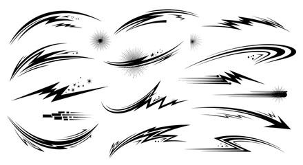 Collection of dynamic black speed lines and explosive motion effects, isolated white background. © Desi