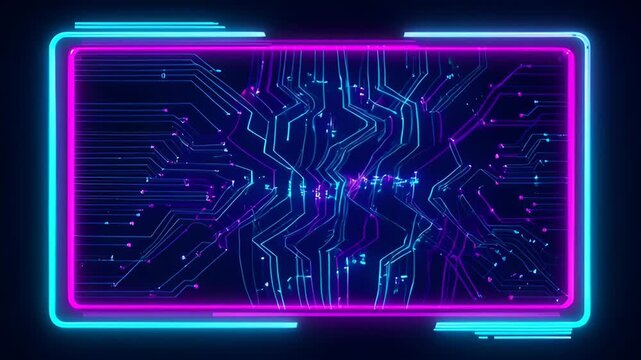 Neon circuit board abstract digital background with glowing cyan and magenta line pattern, futuristic technology frame dark background with abstract electronic pattern and copy space for SEO search
