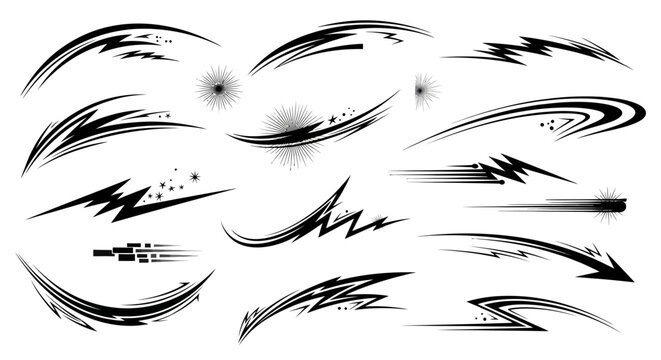 Collection of dynamic black speed lines and explosive motion effects, isolated white background.