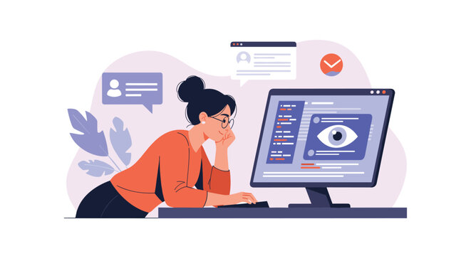 Focused woman developer or analyst looking at a large eye icon on a computer monitor in a digital security concept.