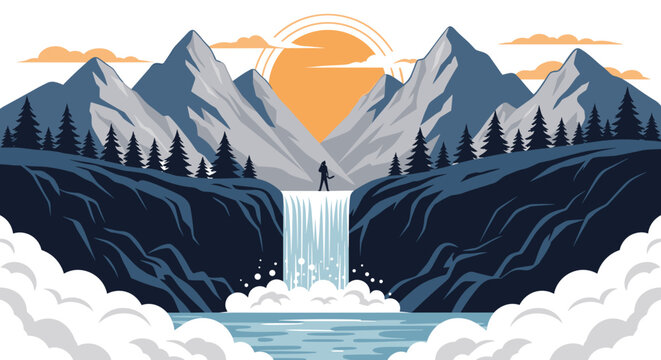 Serene mountain landscape with a waterfall cascading into a lake at sunset, featuring pine trees and silhouettes of peaks and soft clouds.