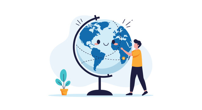 Caring young person hugs a giant globe with a friendly smiling face to symbolize global love and earth protection.