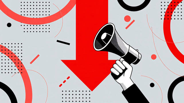 A hand holding a megaphone in front of a large red arrow and abstract shapes