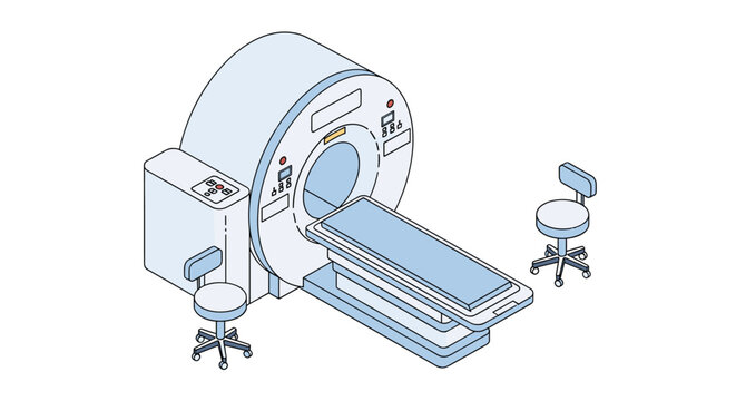 Isometric medical imaging equipment with a scanner table and technician chairs in a clean hospital diagnostic room setting.