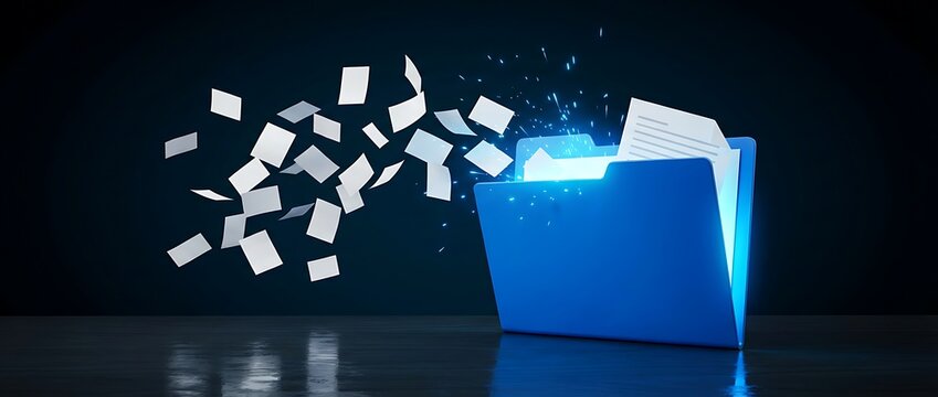 Blue folder with glowing light emanating documents flying out against dark background digital data transfer or cloud storage concept abstract technology.