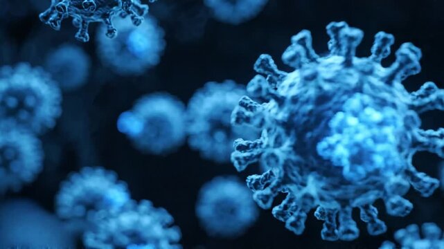 An intricate 3D representation showcasing multiple luminous blue viral structures floating against a profound dark backdrop.