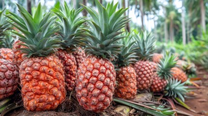 Fototapeta premium Grouping of Fresh Harvested Pineapples Arranged Directly on Ground