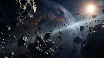 Asteroid field in deep space with large planet and bright sun in background, dangerous space rocks floating, science fiction concept, celestial bodies in orbit.
