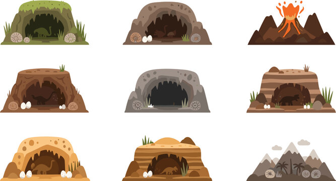 Prehistoric Cave and Volcano Landscape Set with Dinosaur Habitats, Eggs and Natural Rock Shelters for Jurassic Theme, Nature Illustration and Educational Design