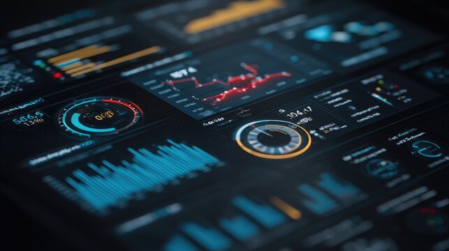 High-Tech Data Dashboard Displaying Visual Analytics, Statistical Graphs, and Key Performance Indicators in Modern Business Environment