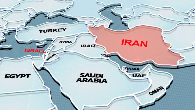 A modern 3D-style political map of the Middle East highlighting countries like Iran, Saudi Arabia, Iraq, Turkey, Israel, Yemen, the United Arab Emirates, Oman, Bahrain, Qatar, Syria, Jordan, EGYPT