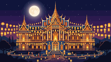 Obraz premium An atmospheric flat design illustration showcasing a Buddhist temple brightly lit with Vesak lanterns under a full moon, celebrating the sacred festival.