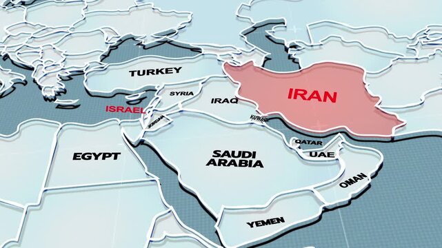 A modern 3D-style political map of the Middle East highlighting countries like Iran, Saudi Arabia, Iraq, Turkey, Israel, Yemen, the United Arab Emirates, Oman, Bahrain, Qatar, Syria, Jordan, EGYPT