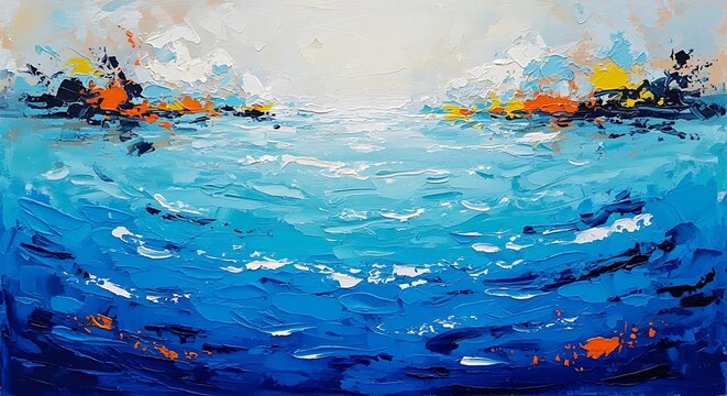 Vibrant ocean waves with splashes of color on the horizon at sunset or sunrise in a textured abstract painting