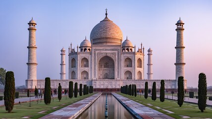 Fototapeta premium Majestic Taj Mahal Mausoleum in Agra India at Sunrise with Reflecting Pool and Symmetric Gardens