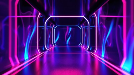 Obraz premium Neon tunnel extends into darkness. Vibrant pinks, blues create futuristic space. Geometric shapes dominate composition. Light reflects off glossy surfaces.