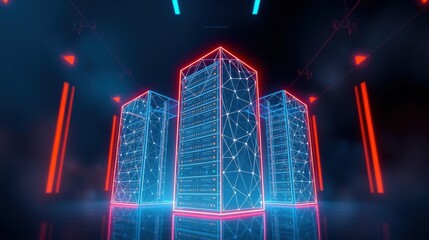Fototapeta premium Futuristic server room visualization. Neon lights illuminate digital structures, creating vibrant reflections. Data flows visibly within network architecture.
