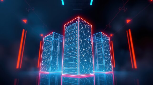 Futuristic server room visualization. Neon lights illuminate digital structures, creating vibrant reflections. Data flows visibly within network architecture.