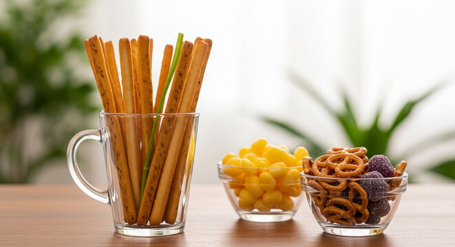 Delicious snacks including breadsticks, pretzels, and candy in glass containers on a table