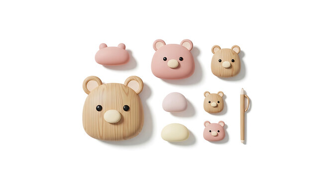 Collection of cute bear faces and pastel pom poms, set against a clean white background, perfect for children's themes or crafting