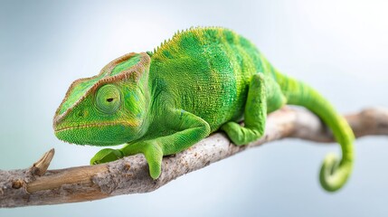 Fototapeta premium Green Chameleon Resting on Curved Branch in Natural Habitat Setting