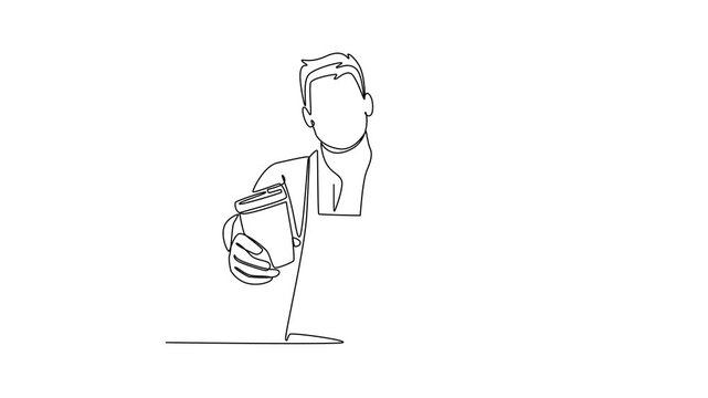 young barista holding coffee to go in paper cup and take away food. Takeaway and Delivery concept. Single line draw design. Full length animation illustration. High quality 4k footage