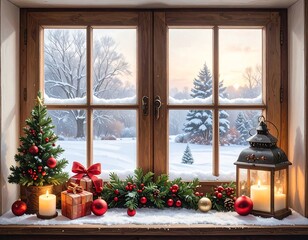 Fototapeta premium Cozy Christmas window display adorned with festive decorations