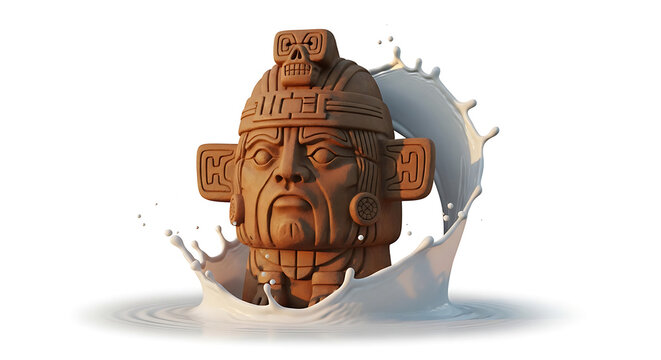 Ancient stone sculpture head with water splash and ripples, Mayan or Aztec cultural artifact, detailed texture, dramatic studio lighting