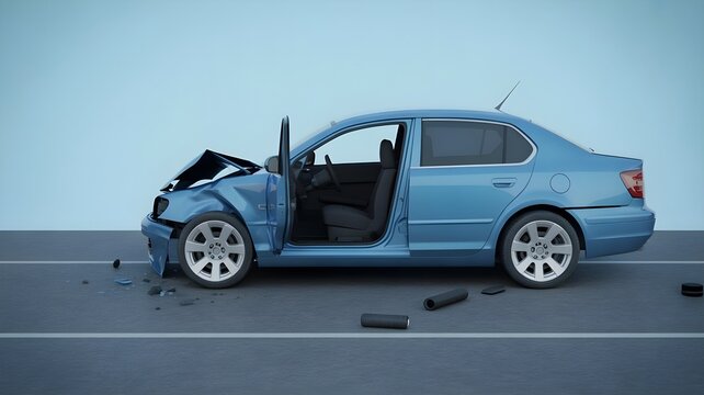 A blue car with significant front-end damage sits on a gray road against a light blue background