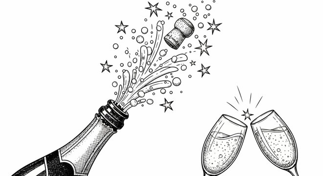 Champagne bottle with popping cork and exploding splashes, with two glasses isolated white background
