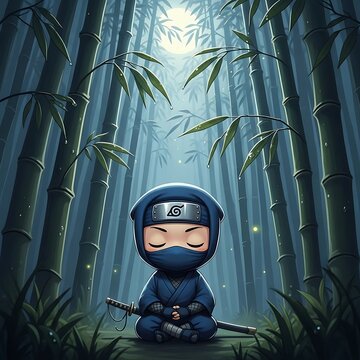 A serene cartoon ninja meditates peacefully amid towering bamboo stalks under a soft, moonlit glow
