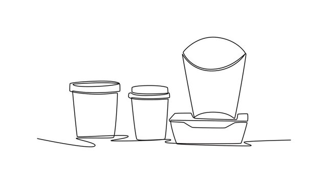 Paper eco-friendly disposable tableware. food packaging. Tech meets food concept. Single line draw design. Full length animation illustration. High quality 4k footage