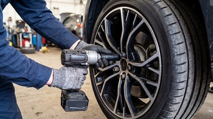 Fototapeta premium A mechanic is tightening a car tire with a power tool in a garage