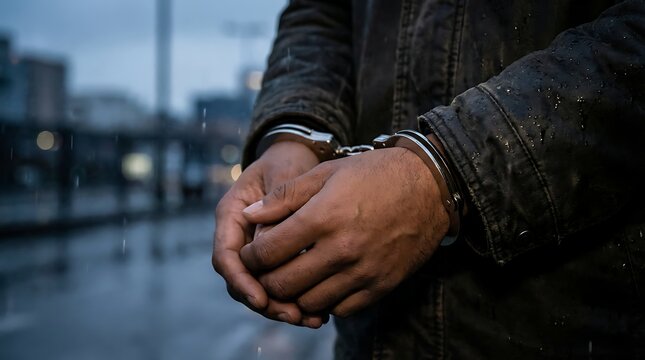 Close up of arrested man hands in handcuffs during rainy evening in city street showing criminal justice law enforcement detainee prisoner outdoor background social problem concept.