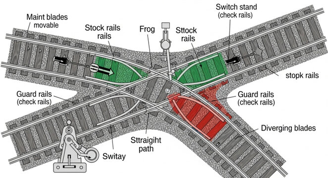Diagram of a railway track switch mechanism and points.