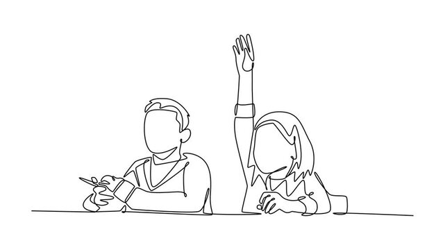 Excited hispanic little girl raising hand in elementary classroom. Activity School concept. Single line draw design. Full length animation illustration. High quality 4k footage