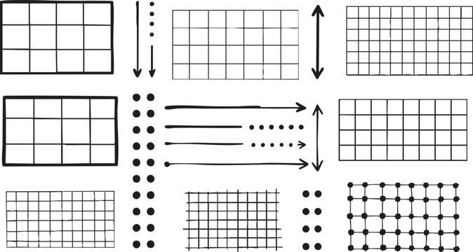 Set of Grid, Table, and Dot Pattern Design Elements with Arrows on White Background
